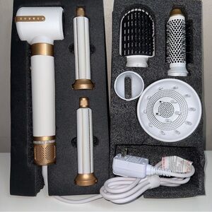 White and Gold 6-Piece Hair Styling Set - Multi-Function Dryer & Brushes